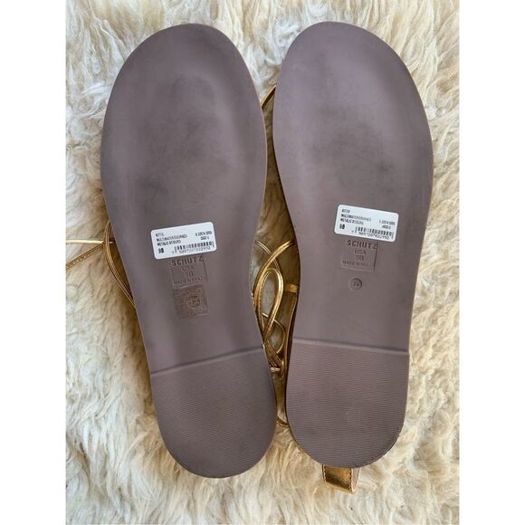 SCHUTZ Kittie Crystal Embellished Metallic & Nappa Leather Wraparound Flat Sanda - Picture 9 of 12